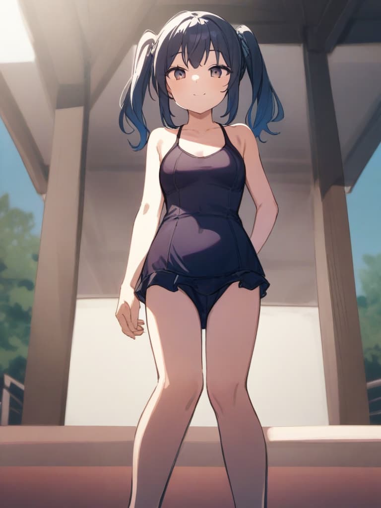  women's elementary students (male), twin tails, cute smiles, (rich s), short stature, dark blue swimwear, old swimwear, swimwear, simple, (upward), upward, (bulge), front, whole body, pool side ,,,