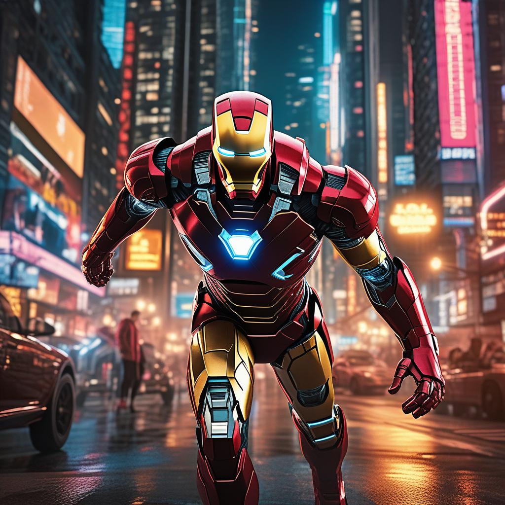  masterpiece, best quality, masterpiece, 8k resolution, realistic, highly detailed, Iron Man close-up. He stands on a street lined with tall buildings in a cyberpunk style city at night. The city's night lights are bright, and the surrounding buildings and streets are full of cyberpunk elements such as neon lights, high-tech equipment and futuristic architectural design.