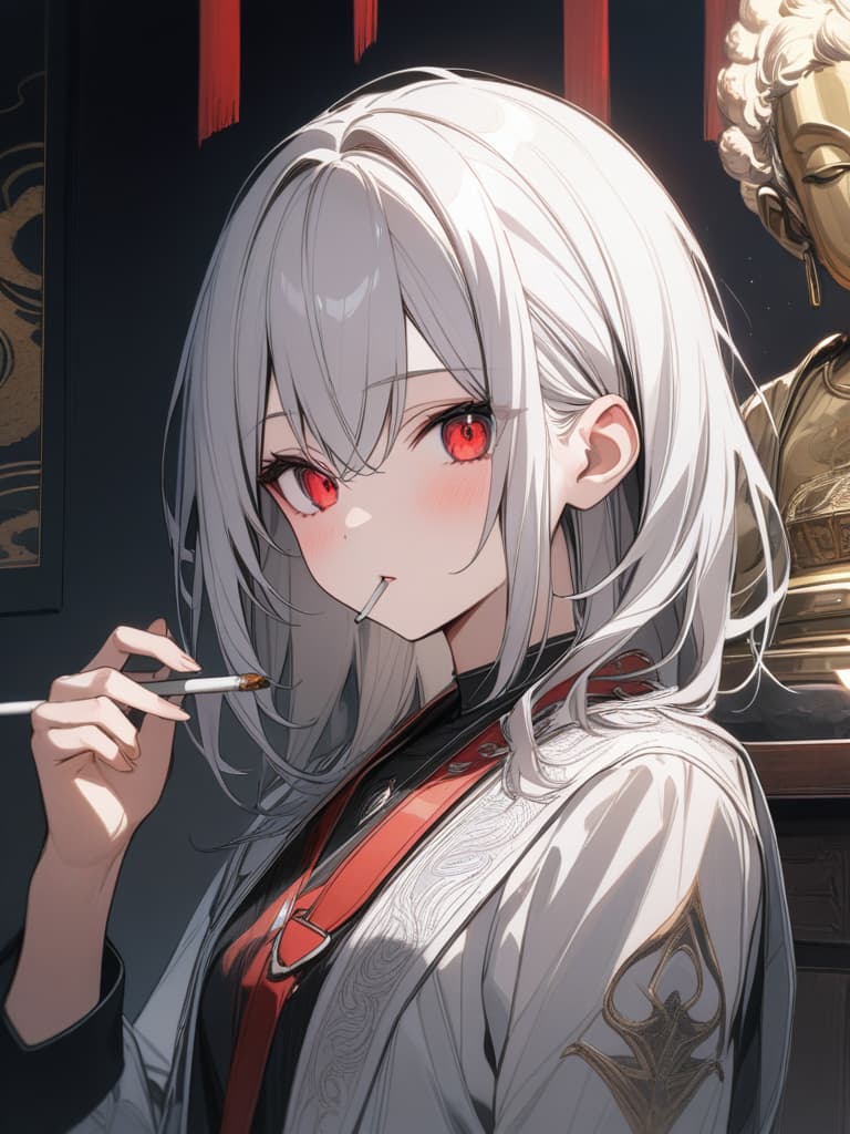  cool, , high student, red eyes, silver hair, cigarettes, buddha, man, masterpiece, best quality,8k,ultra detailed,high resolution,an extremely delicate and beautiful,hyper detail