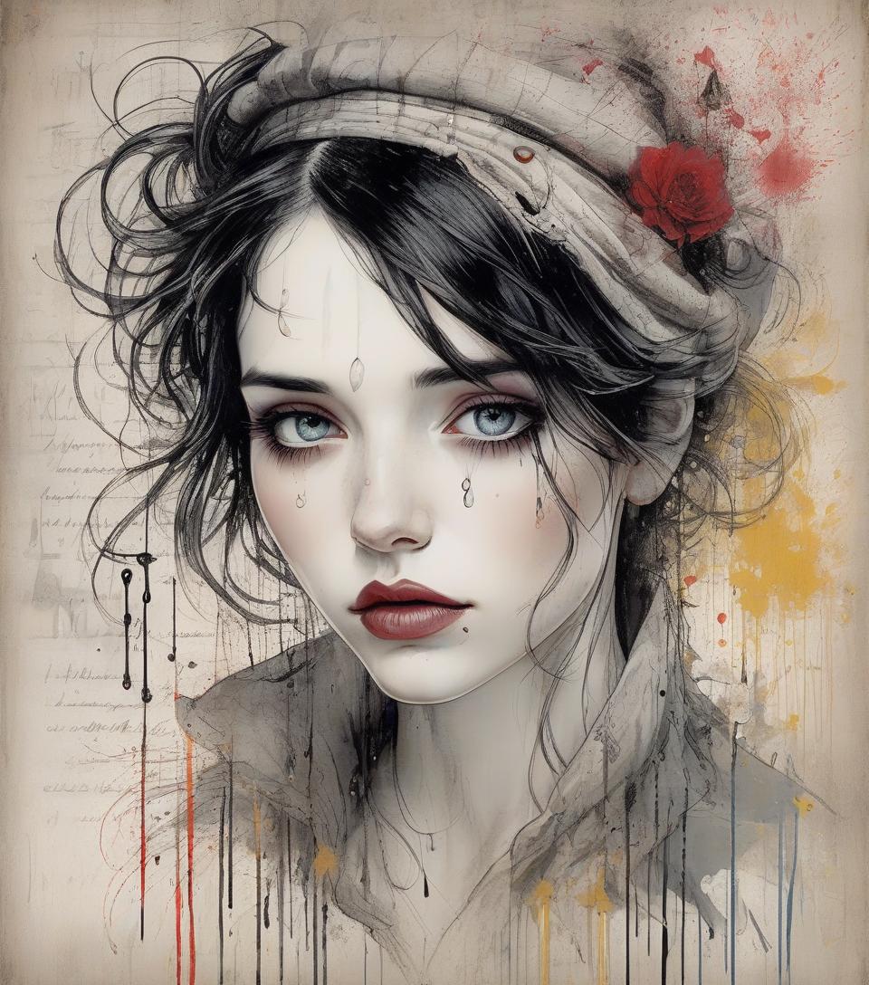  grunge style beautiful face, porcelain white, black hair, tears running down her cheek, harrison fisher and catrin welz stein, pen and ink lines, calligraphic lines, vivid colours, highly detailed . textured, distressed, vintage, edgy, punk rock vibe, dirty, noisy