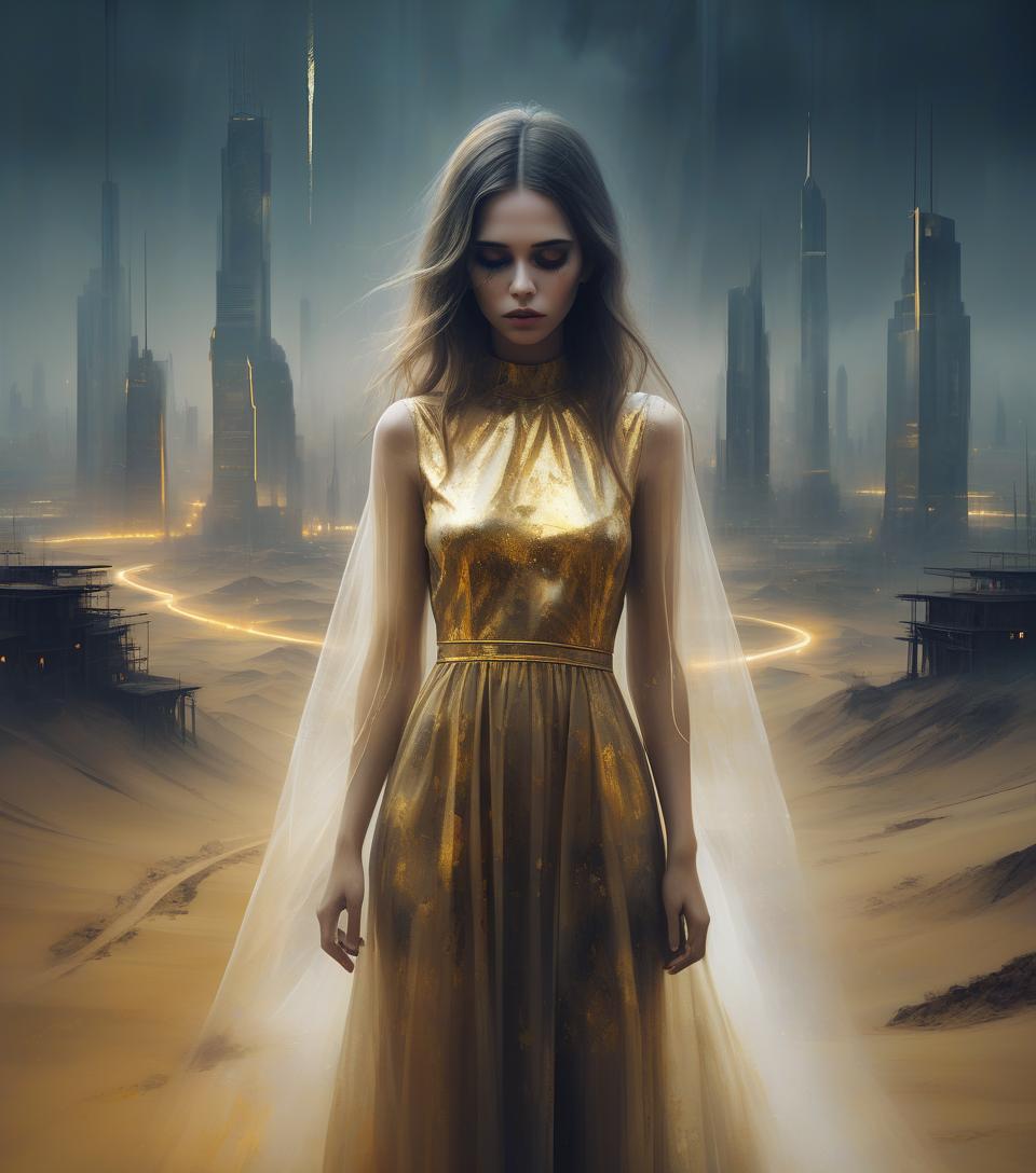  portrait face girl. dark fantasy, dramatic style, transparent light long bed dress dress. foggy bright style. dramatic style, depression style, gold glitch art style, impressionism, background night city. futuristic, deco style, influence, mysticism, mystery, ultra hd, abstract, psychedelic in double exposure over a desert oil paintingtyle.