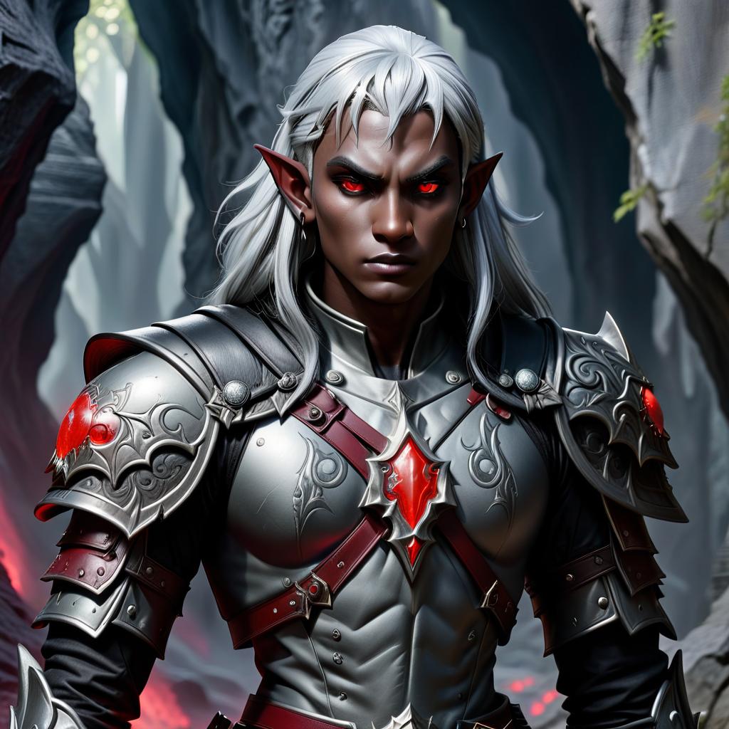  gothic style drow male elf cleric, dark grey graphite color skin, red eyes, silver medium haircut, black leather armor, battle mace, impudent arrogant rude expression, traveler shoulder bag, half body view, dark cave temple . dark, mysterious, haunting, dramatic, ornate, detailed, civitai, hkmagic