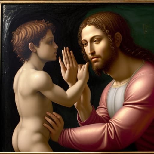  Make me a photo of Leonardo diVinci painting of Adam and GOD trying to touch