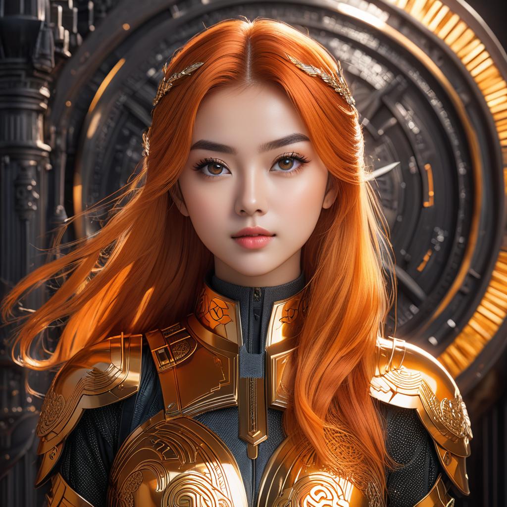  front view, masterpiece, best quality, photorealistic, raw photo, (1girl, looking at viewer), long orange hair, bitcoin mechanical armor,bitcoin intricate armor, delicate orange filigree, intricate filigree, orange metalic parts, detailed part, dynamic pose, detailed background, dynamic lighting,bitcoin photo realistic, highly intricate and detailed, masterpiece, ultra high res,photography,8k resolution