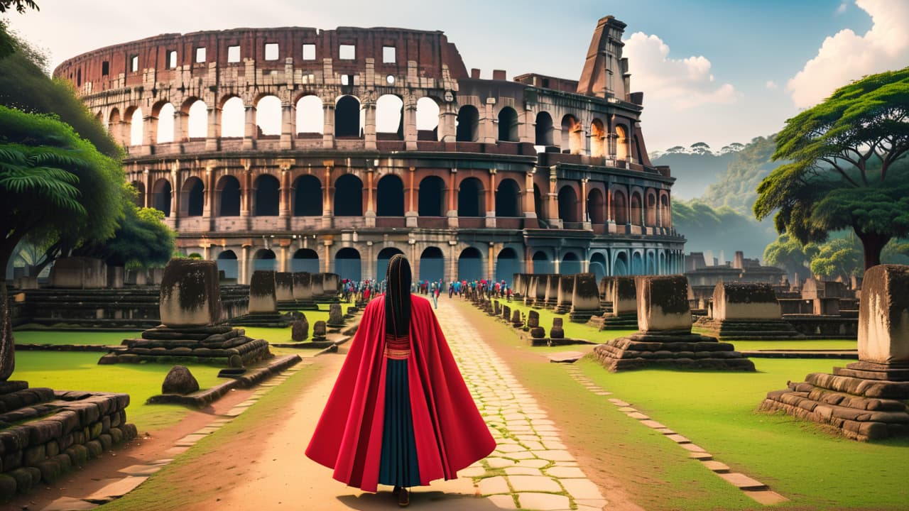  a vibrant collage showcasing iconic heritage sites: the colosseum, machu picchu, ancient temples in angkor wat, and traditional maasai villages, all set against diverse landscapes, capturing the essence of cultural tourism globally. hyperrealistic, full body, detailed clothing, highly detailed, cinematic lighting, stunningly beautiful, intricate, sharp focus, f/1. 8, 85mm, (centered image composition), (professionally color graded), ((bright soft diffused light)), volumetric fog, trending on instagram, trending on tumblr, HDR 4K, 8K