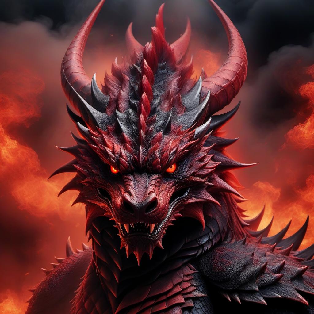  Portrait of a majestic red dragon with scales shimmering in shades of red and black, surrounded by swirling smoke and dark clouds, its fierce eyes glowing with intensity, looking straight ahead with an imposing presence. This is a photographic cover photo