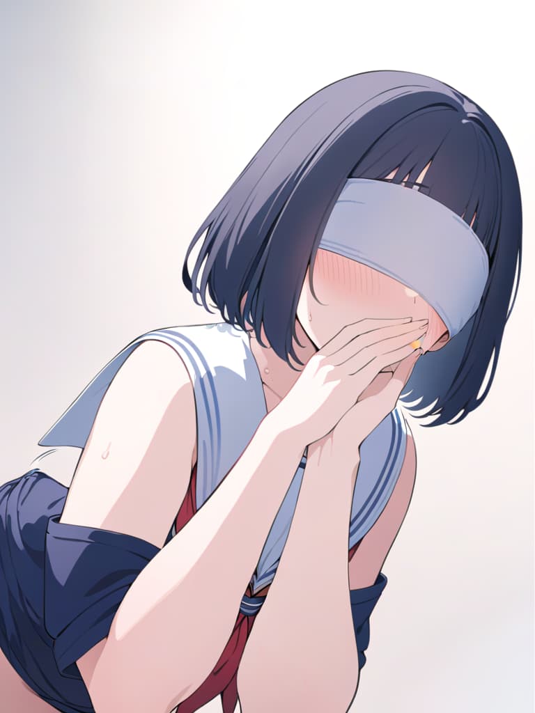  (((( serafuku:1.4))))、(((black bob cut hair over eyes:1.6、translucent bangs:1.4)))、(sweaty blushed shy :1.4)、closed wavy mouth、(tareme、looking back:1.2、put hands on mouth:1.2)、in clroom、dutch angle、mega huge gigantic puffy areola、weightless 、split 、 that ignore gravity、bouncing 、best quality:1.4、masterpiece:1.4、ultra detailed texture、raw photorealistic、absurd resolution、8k ilration、💩、💩、💩、💩、💩、