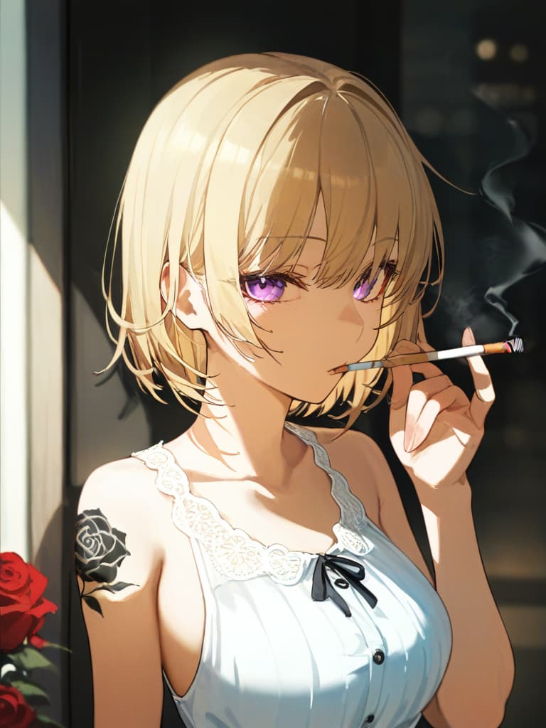  s wearing black loafers, s with blonde bob cut, white pleated s, white pleated s, s wearing spider nests on the left arm, s who smoke cigarettes, purple on the left . a with a rose tattoo, a cigarette, s a cigarette, masterpiece, best quality,8k,ultra detailed,high resolution,an extremely delicate and beautiful,hyper detail