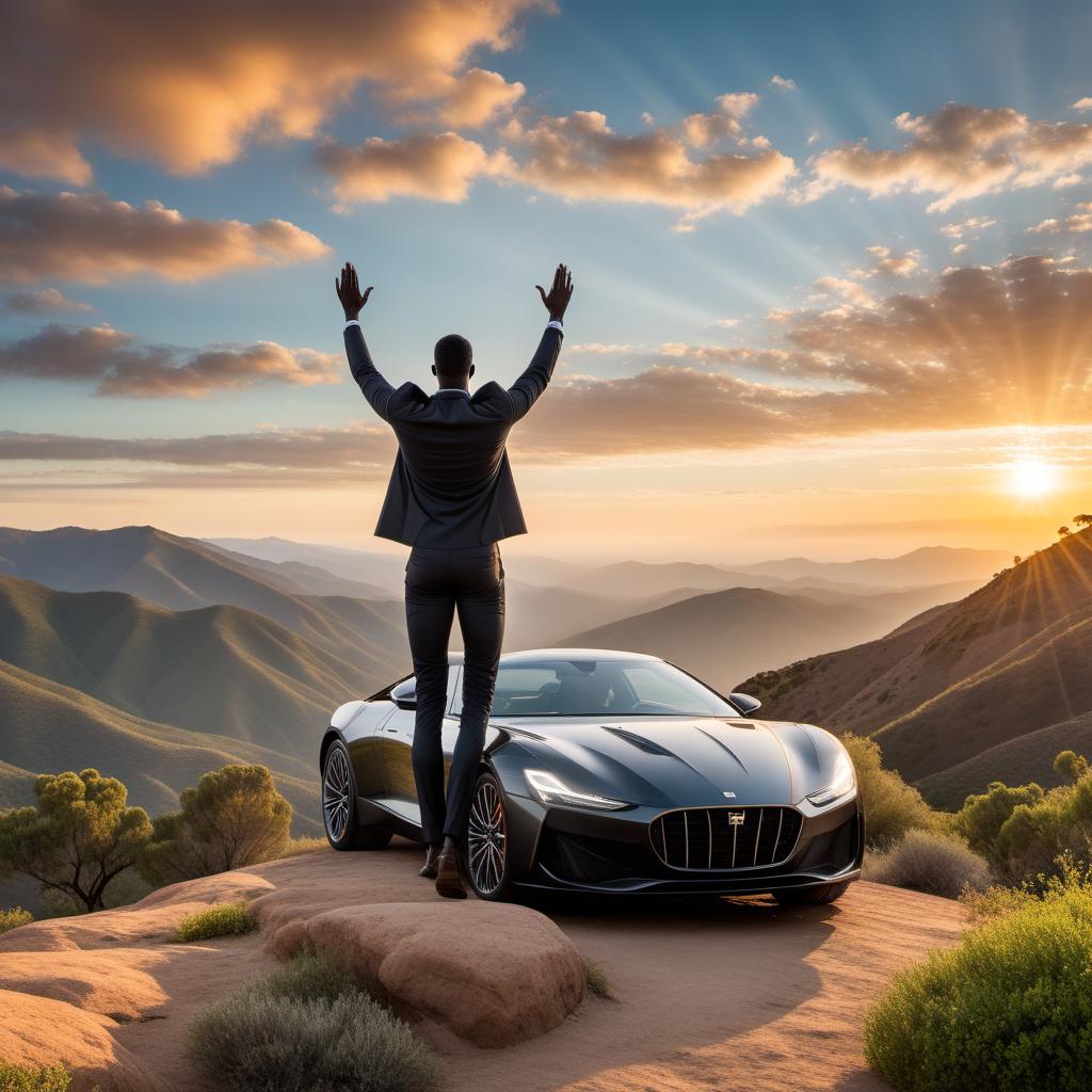  A tall black man getting out of his car on top of a mountain in Southern California, looking at the sky with hands raised in praise. The scene captures a beautiful sunrise with rays of light flowing down the mountains and into the green valley below. The area is lush with greenery, depicting the beauty of nature in Southern California. hyperrealistic, full body, detailed clothing, highly detailed, cinematic lighting, stunningly beautiful, intricate, sharp focus, f/1. 8, 85mm, (centered image composition), (professionally color graded), ((bright soft diffused light)), volumetric fog, trending on instagram, trending on tumblr, HDR 4K, 8K