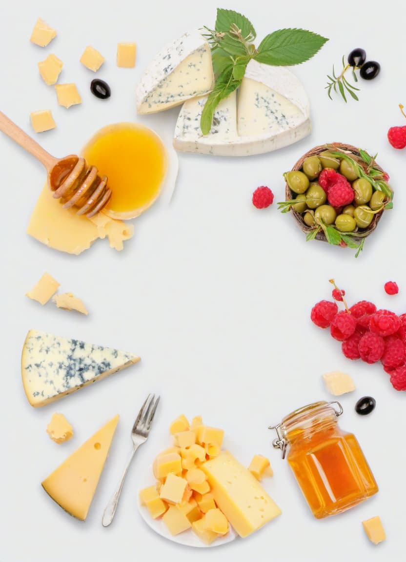  a beautiful composition of several types of cheese on the table, as well as honey and raspberry jam, several raspberries and olives, film photography style