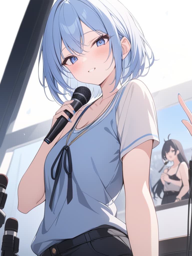  light blue hair, light blue, bob hair, with a microphone, yay, live, masterpiece, best quality,8k,ultra detailed,high resolution,an extremely delicate and beautiful,hyper detail