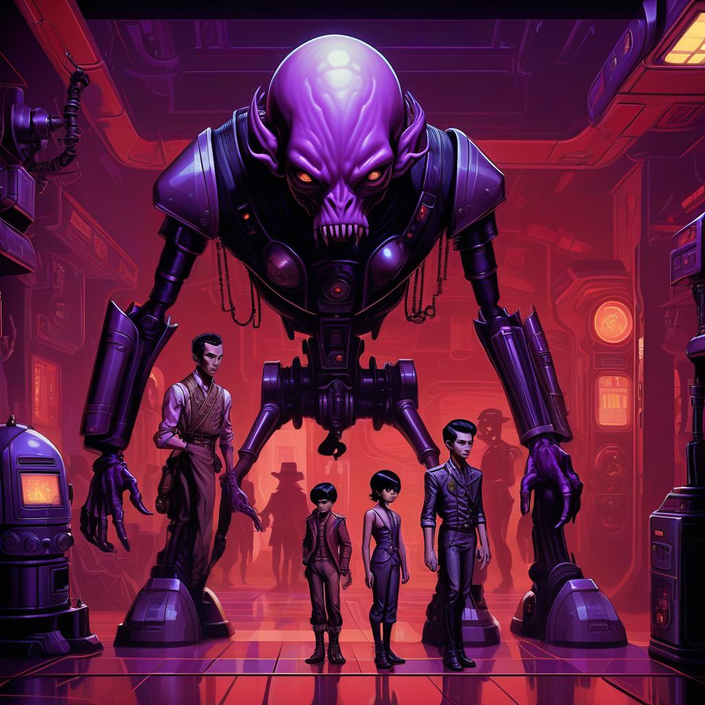  retro game art a group of smugglers, a young alien of thai appearance, 20 year, with purple skin, small , elegant thin waist, long slender legs, black hair. a man with a , 40 year, small growth, bald, black. next to the droid and minotaur. full length image, steampunk, dieselpunk, paropunk, standing in a space tavern, against a background of red light. . 16 bit, vint colors, pixelated, nostalgic, charming, fun