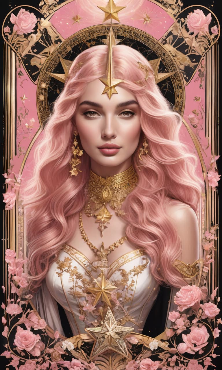  concept art tarot color pink, white, black, gold starlet . digital artwork, illustrative, painterly, matte painting, highly detailed, perfect hands