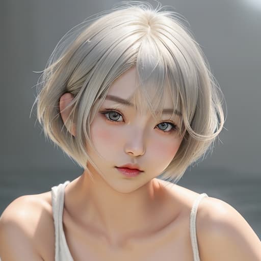  cute japanese girl face, cute short hair, light blonde and silver bob cut hairstyle, black sleeveless top, delicate makeup, cool style, natural lighting, photo realistic in the style of realistic.