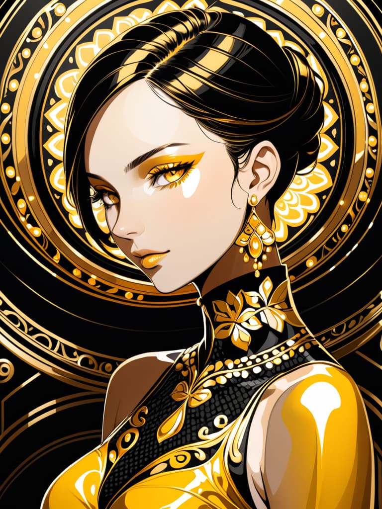  Golden yellow and sleek black color palette, captivating and inviting expression, exuding elegance and charm, magnetic beauty, intricate details, high contrast, luxurious feel, digital art, female, glossy finish, striking composition, dynamic lighting to enhance features.