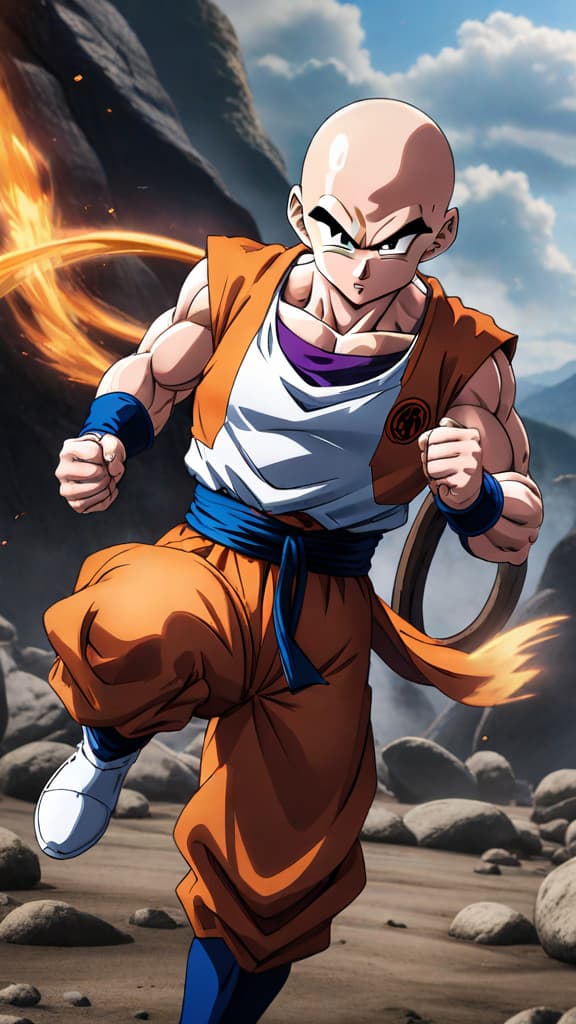  anime art: krillin delivers the final blow to defeated frieza, altering the fate of dragon ball z. hyperrealistic, full body, detailed clothing, highly detailed, cinematic lighting, stunningly beautiful, intricate, sharp focus, f/1. 8, 85mm, (centered image composition), (professionally color graded), ((bright soft diffused light)), volumetric fog, trending on instagram, trending on tumblr, HDR 4K, 8K