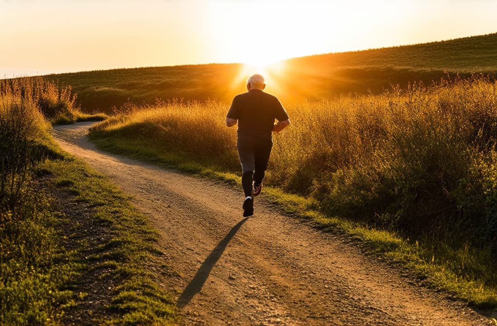  an elderly man jogging along a scenic trail, the morning sun rising over the horizon. ar 3:2 {prompt}, maximum details