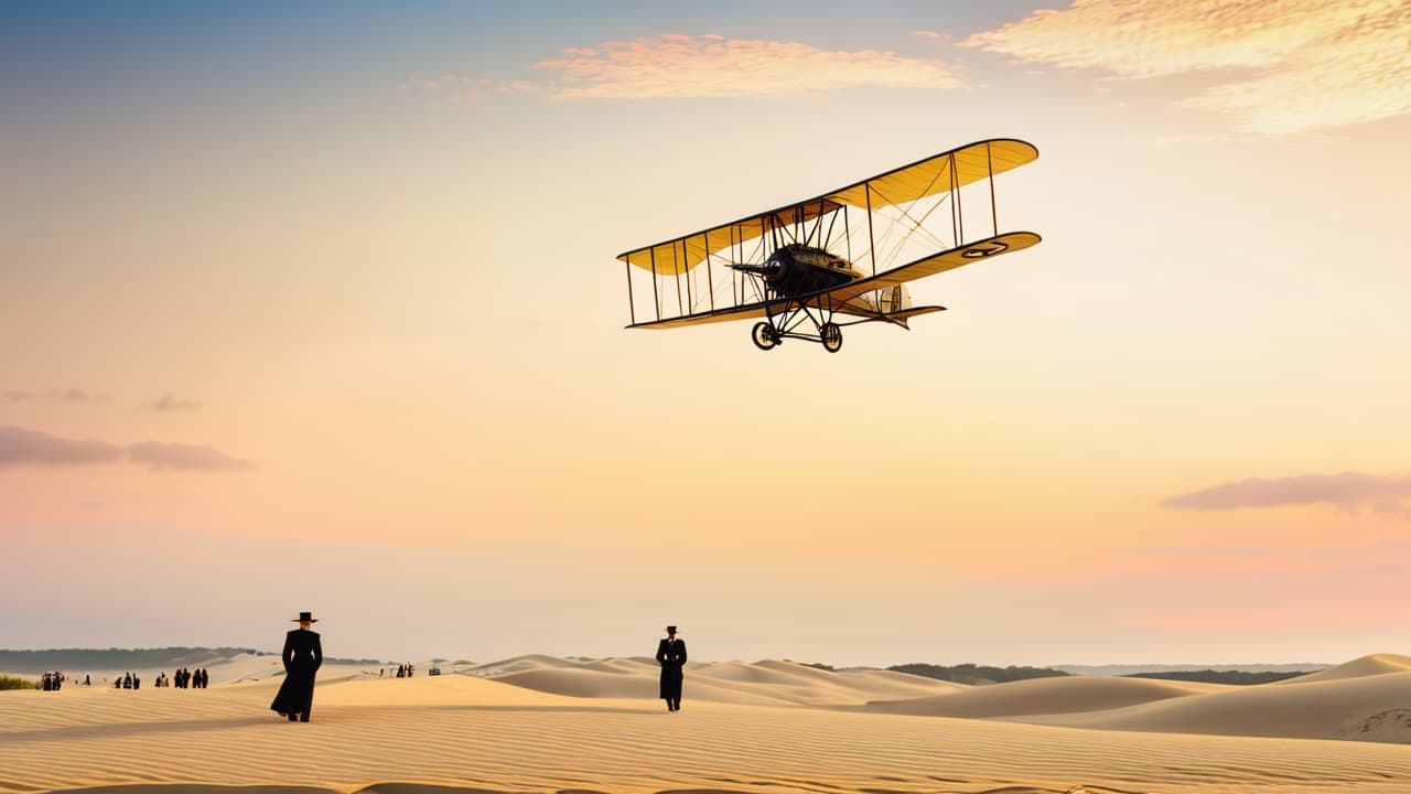  a vintage scene depicting the wright brothers' 1903 flyer taking off at kitty hawk, north carolina, with a clear sky, sand dunes, and early 20th century onlookers in period clothing, capturing the essence of aviation's dawn. hyperrealistic, full body, detailed clothing, highly detailed, cinematic lighting, stunningly beautiful, intricate, sharp focus, f/1. 8, 85mm, (centered image composition), (professionally color graded), ((bright soft diffused light)), volumetric fog, trending on instagram, trending on tumblr, HDR 4K, 8K