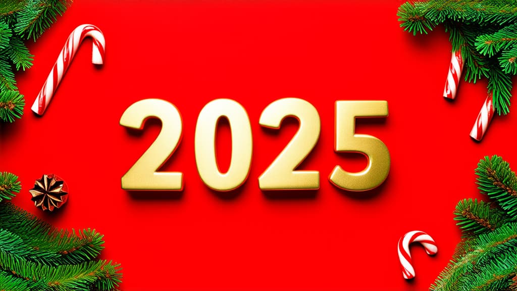  professional detailed photography, the inscription 2025 in gold in large font on a red background with fir branches, christmas tree decorations and candy canes around the edges ar 16:9, (muted colors, dim colors, soothing tones), (vsco:0.3)