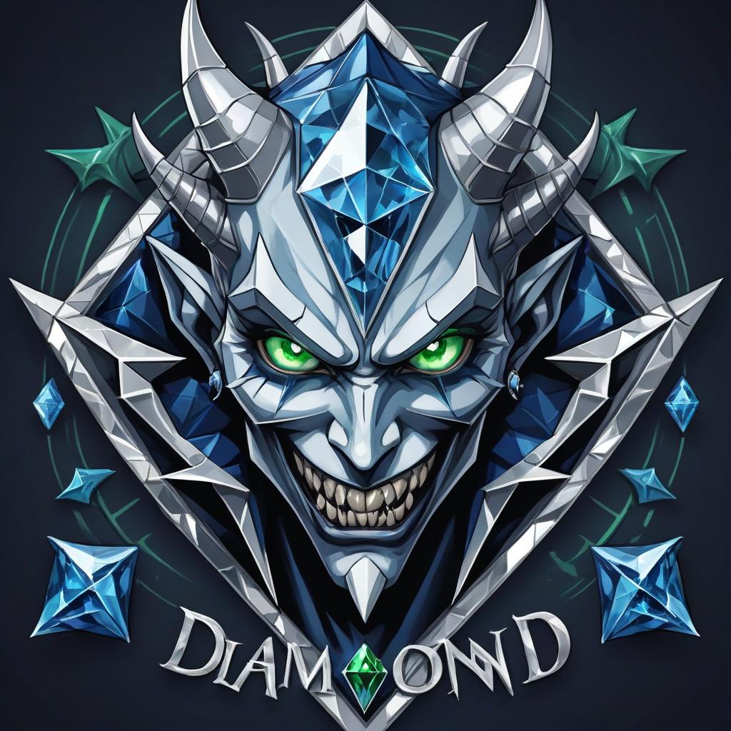  diamond devil, portrait. dark green eyes, man. hair gray. with fangs and horns. colors blue, blue, silver