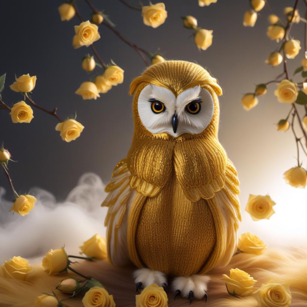  Knitted owl wool, yellow roses, gold brocade background, realistic color photo hyperrealistic, full body, detailed clothing, highly detailed, cinematic lighting, stunningly beautiful, intricate, sharp focus, f/1. 8, 85mm, (centered image composition), (professionally color graded), ((bright soft diffused light)), volumetric fog, trending on instagram, trending on tumblr, HDR 4K, 8K