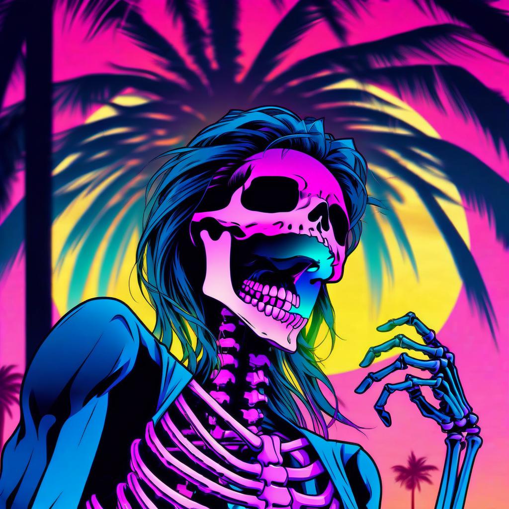  manga style retrowave style, skelet with long hair, glowing eyes open mouth, retrowave sun behind and palm tree . vibrant, high energy, detailed, iconic, japanese comic style