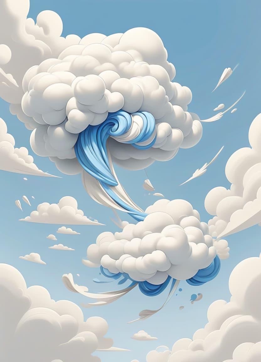  a cartoon cloud blows the wind. the color of the cloud is blue and white. white background.