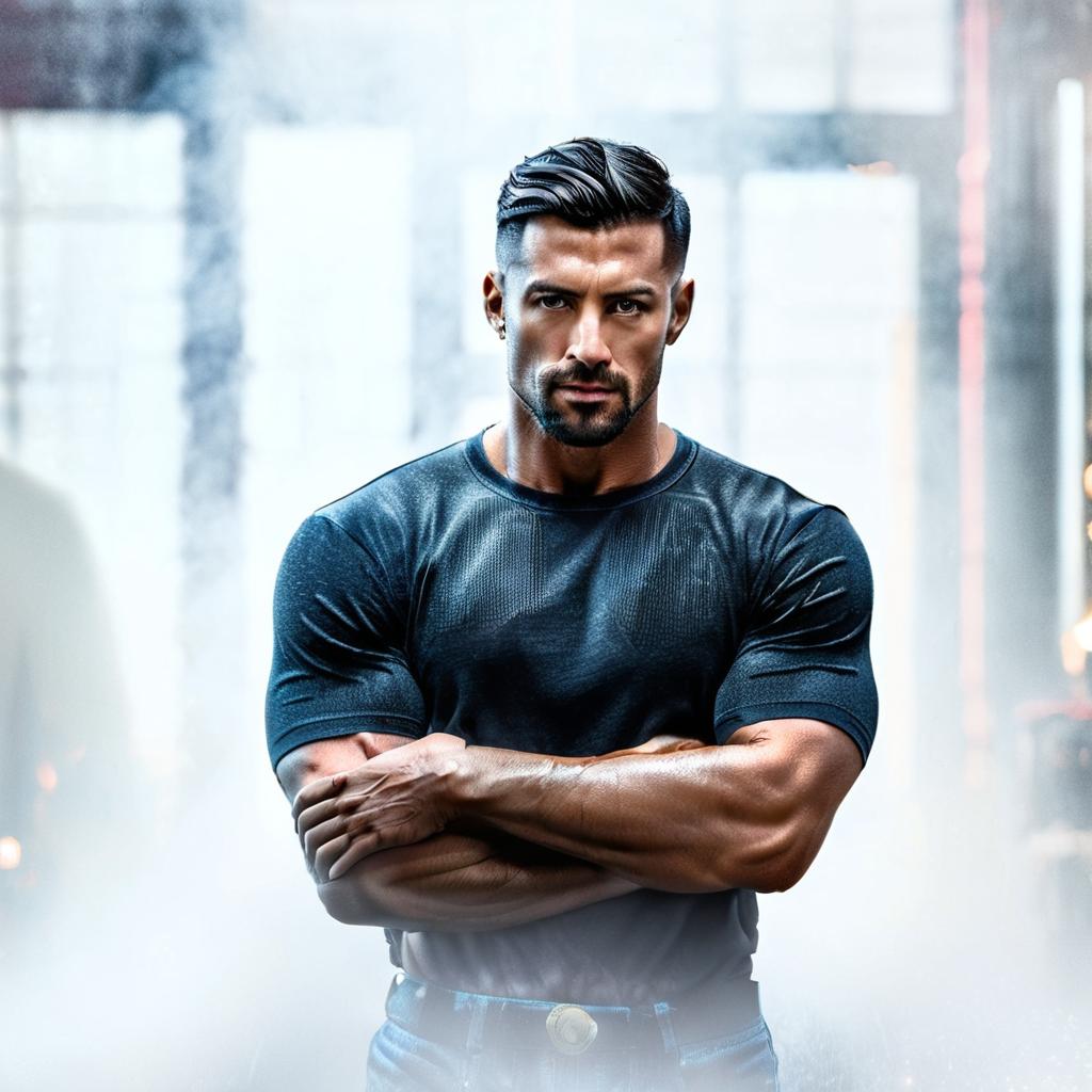  the perfect muscular man hyperrealistic, full body, detailed clothing, highly detailed, cinematic lighting, stunningly beautiful, intricate, sharp focus, f/1. 8, 85mm, (centered image composition), (professionally color graded), ((bright soft diffused light)), volumetric fog, trending on instagram, trending on tumblr, HDR 4K, 8K