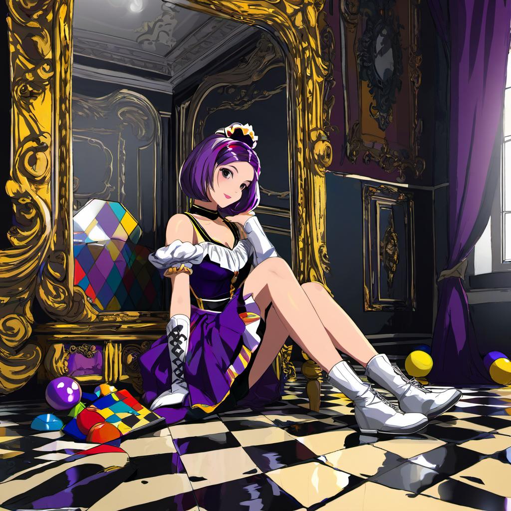  a young woman with a harlequin outfit purple and yellow with black in a dark mirror room sitting on the corner floor broken toys everywhere on the floor, award winning, professional, highly detailed, masterpiece