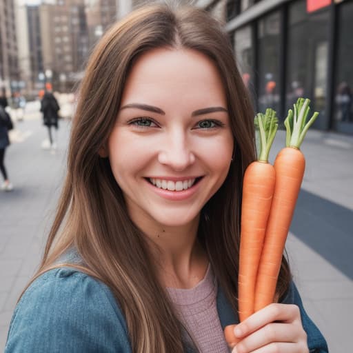  a hyper realistic photo of a beautiful woman holding only a carrot while smiling. full body image. location is outside in a city.