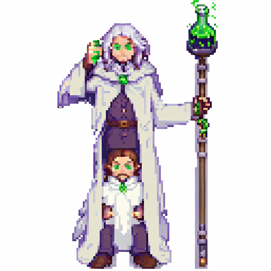  pixel art human , alchemist , wizard, white cape , green eyes, brown hair with white hair on top, potion in hand, . low res, blocky, pixel art style, 8 bit graphics