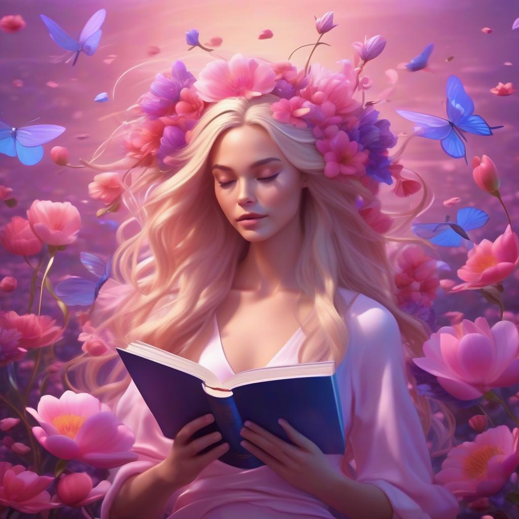  art of fantasy girl in a lotos pose with flowers inside her head like her thoughts and growing from her long very thick blondy hair, hair fluttering in the wind with a book in her hands pink and blue and purple colors on the background cartoon style 3d, hq, 4k for modern mobile app