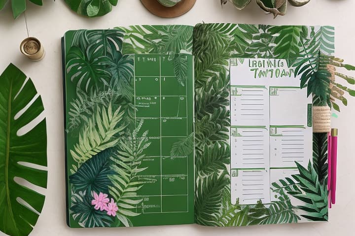  a beautifully designed journal planning sheet for old ren, featuring a vint green theme with an abundance of lush plants and foliage. the layout includes sections for daily tasks, weekly goals, and creative doodles, all adorned with realistic ilrations of various plants like ferns, succulents, and tropical leaves, creating an engaging and inspiring atmosphere. the overall aesthetic is youthful, colorful, and inviting, encouraging s to organize their thoughts and activities in a fun way.