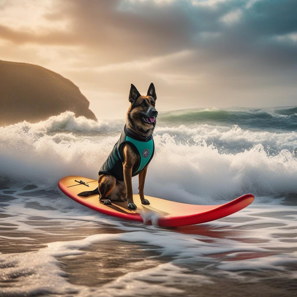  A dog surfing hyperrealistic, full body, detailed clothing, highly detailed, cinematic lighting, stunningly beautiful, intricate, sharp focus, f/1. 8, 85mm, (centered image composition), (professionally color graded), ((bright soft diffused light)), volumetric fog, trending on instagram, trending on tumblr, HDR 4K, 8K