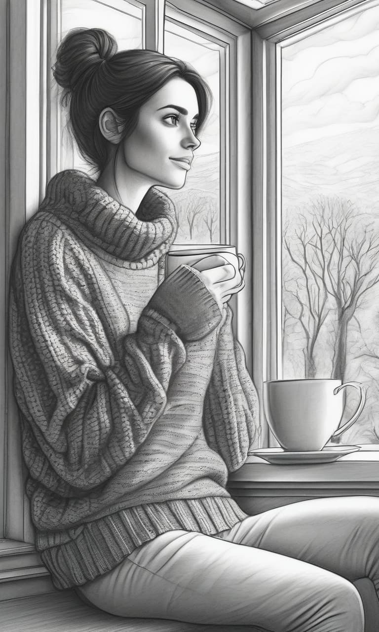  brunette in a sweater sits on a windowsill with a cup of hot tea and looks at the trees outside the window pencil drawing