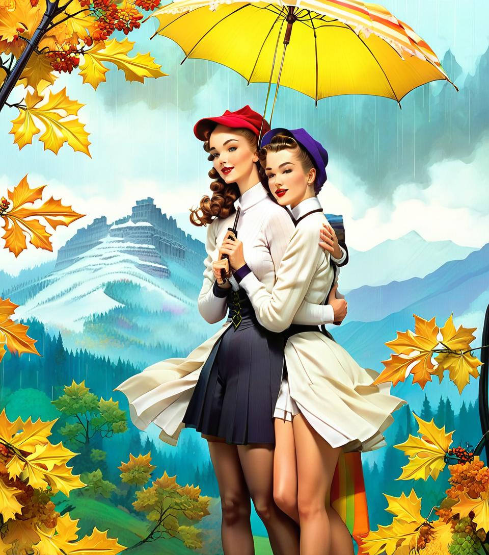  art nouveau style (a pin up masterpiece, multi layered exposition:1.4), depicting (two lovers under an umbrella:1.3) with a surreal image of green, yellow, purple, orange maple leaves on the background of an umbrella by (layering of the composition:1.5). in the hand of a refined, modest girl with an elegant figure (an original bouquet of maple leaves:1.5) and twigs (with clusters of ripe mountain ash:1.5). (the young man gently holds an umbrella:1.6) over a confused companion. cozy warm striped (scarf). a lively illustration with bright accents of autumn, inspired by the works of thomas kincaid and bob ross, conveys the warmth and beauty of autumn with its bright colors and intricate details. soft lighting, (romantic atmosphere conveys the 