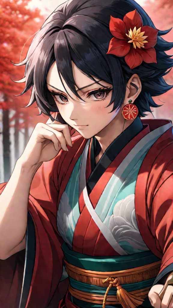  anime art of tanjiro kamado showcasing his hanafuda earrings symbolizing the sun breathing technique in demon slayer. hyperrealistic, full body, detailed clothing, highly detailed, cinematic lighting, stunningly beautiful, intricate, sharp focus, f/1. 8, 85mm, (centered image composition), (professionally color graded), ((bright soft diffused light)), volumetric fog, trending on instagram, trending on tumblr, HDR 4K, 8K