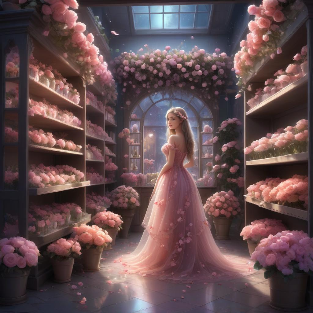  ethereal fantasy concept art of flower shop fantastic. night. blossoms with flowers on shelves and on the floor. a fairy of flowers in a rose bud dress. fairy tale, magic, fantasy, fantasy. . magnificent, celestial, ethereal, painterly, epic, majestic, magical, fantasy art, cover art, dreamy