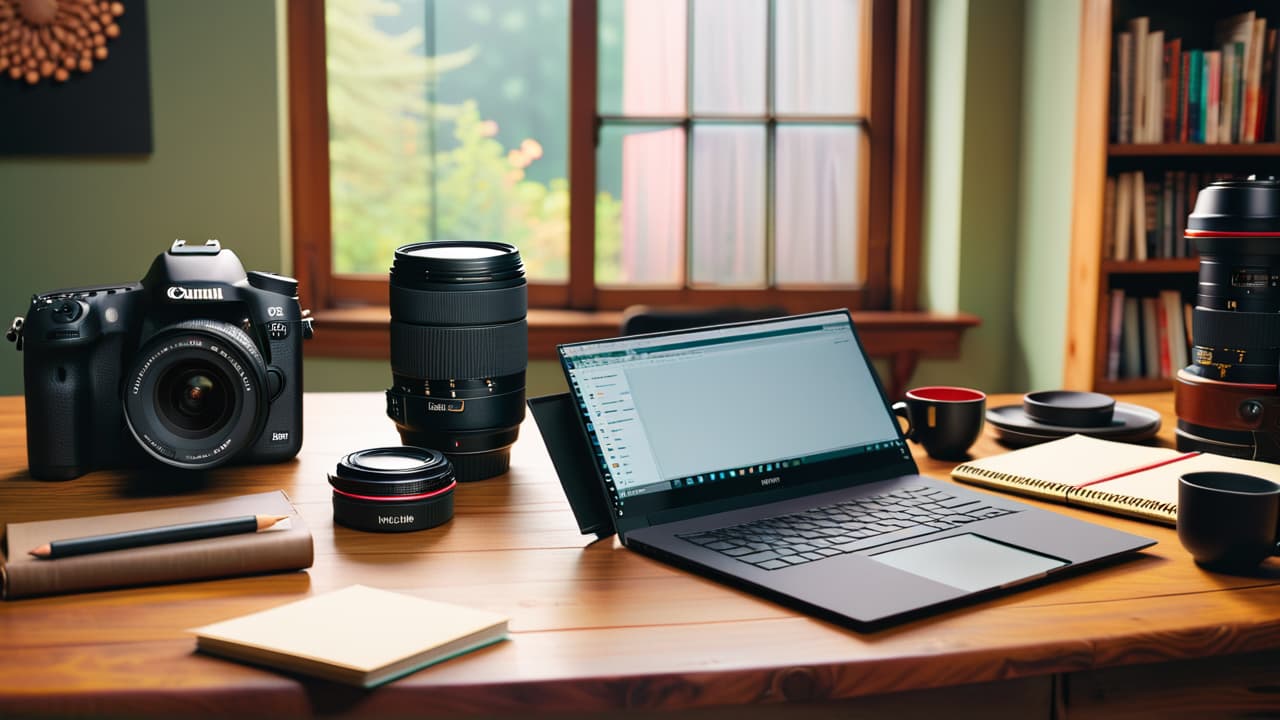  a cozy workspace featuring a camera, a laptop displaying a photography portfolio, various props and products artfully arranged, soft natural lighting pouring in, and a notepad with scribbled pricing ideas on a wooden desk. hyperrealistic, full body, detailed clothing, highly detailed, cinematic lighting, stunningly beautiful, intricate, sharp focus, f/1. 8, 85mm, (centered image composition), (professionally color graded), ((bright soft diffused light)), volumetric fog, trending on instagram, trending on tumblr, HDR 4K, 8K