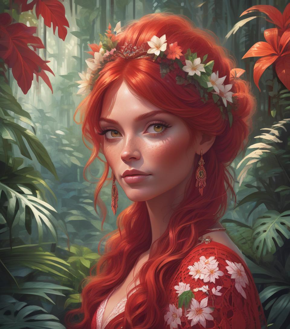  concept art portrait of beautiful red haired bohemian queen wearing red colour lace surrounded by jungle plants and flowers art by mike mayhew and mark brooks and ross tran 8k resolution . digital artwork, illustrative, painterly, matte painting, highly detailed