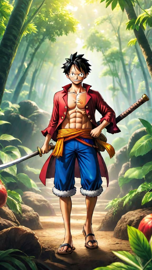  anime art: luffy and crew uncover ancient mysteries of devil fruits and ancient weapons in one piece lore. hyperrealistic, full body, detailed clothing, highly detailed, cinematic lighting, stunningly beautiful, intricate, sharp focus, f/1. 8, 85mm, (centered image composition), (professionally color graded), ((bright soft diffused light)), volumetric fog, trending on instagram, trending on tumblr, HDR 4K, 8K