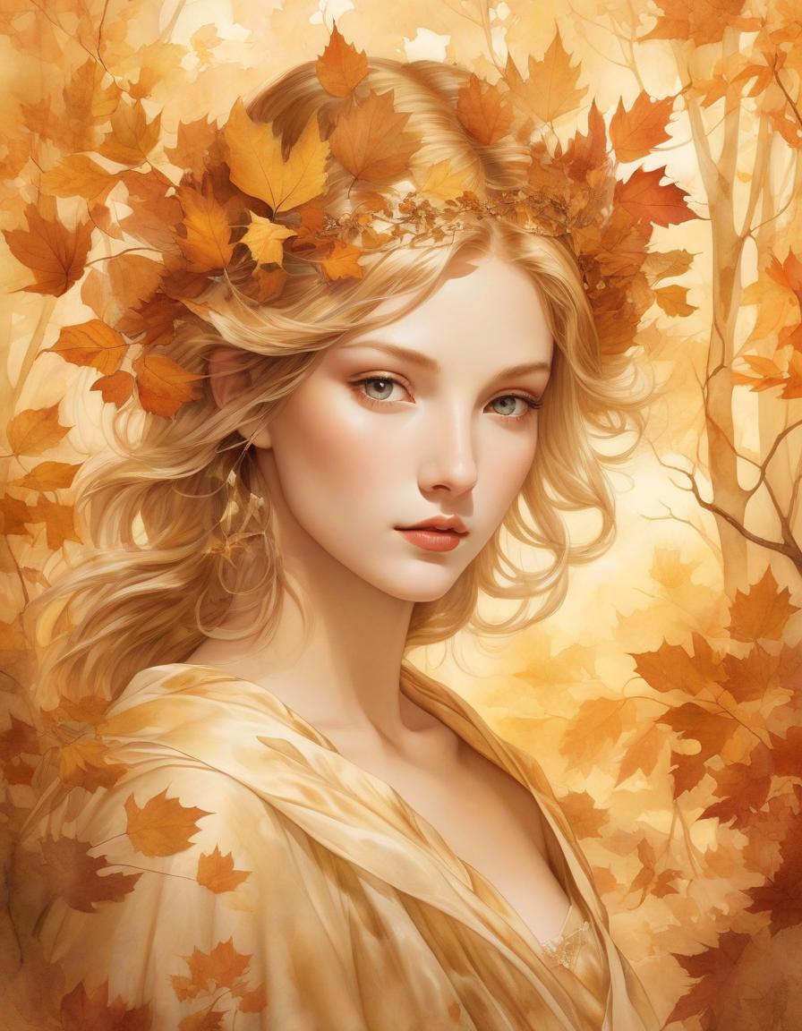  (digital illustration:1.3) (ink and watercolor on parchment:1.2), (double exposure painting:1.3) showcasing a (photorealistic young goddess of autumn:1.2) with (delicate aristocratic features:1.1). her image seamlessly blends with the textures of a (golden autumn forest:1.3), embodying the essence of the season. she moves with an (ethereal and transparent gait:1.2), enhanced by an (effect of dissolving into the environment:1.3). warm (diffused lighting:1.2) envelops her slender form, creating a (mystical aura:1.3). dressed in a (loose translucent toga:1.2), the layers of her attire flow gracefully, merging with the surrounding foliage in a (multi layered digital illustration:1.3) that captures the enchanting beauty of autumn.