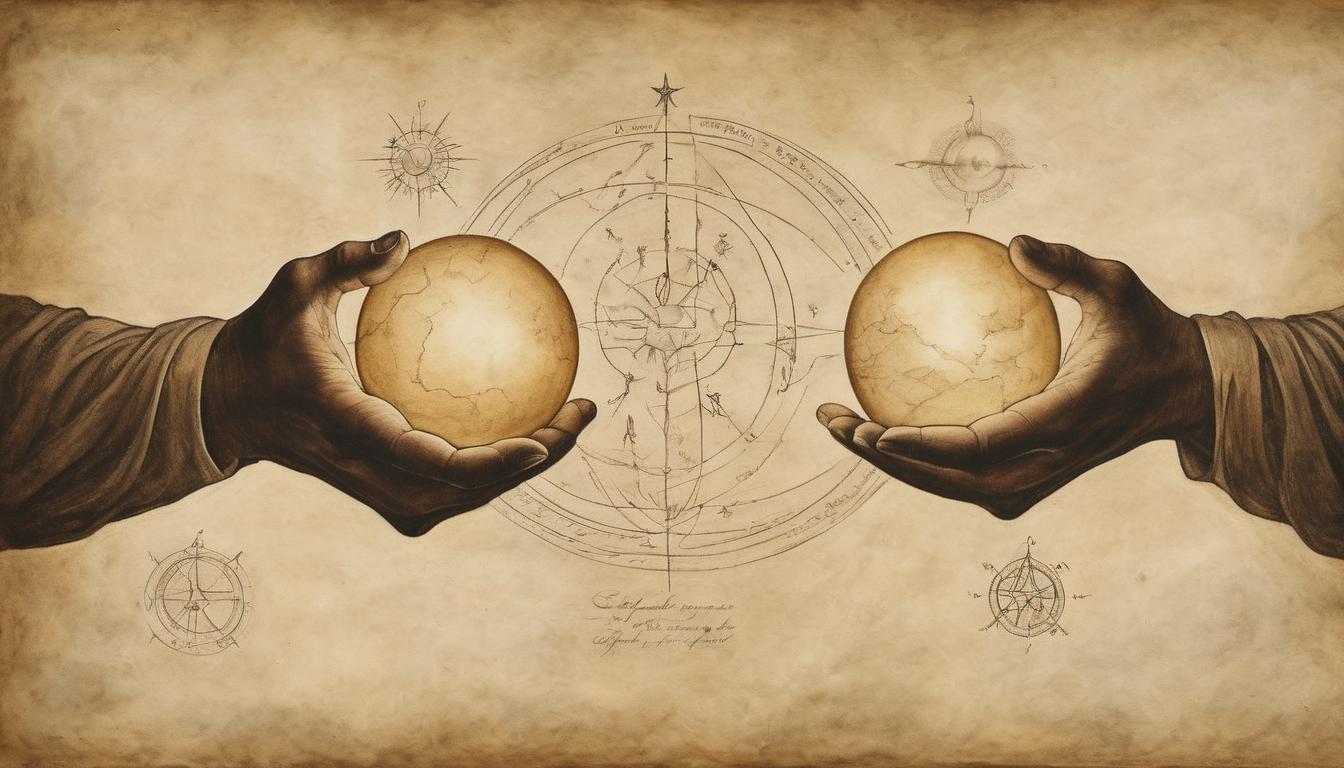  on parchment, surrealism++, a pair of divine hands, holding a radiant orb, celestial sky backdrop, future in hands, guidance, serene light(mysterious, provocative, symbolic)++