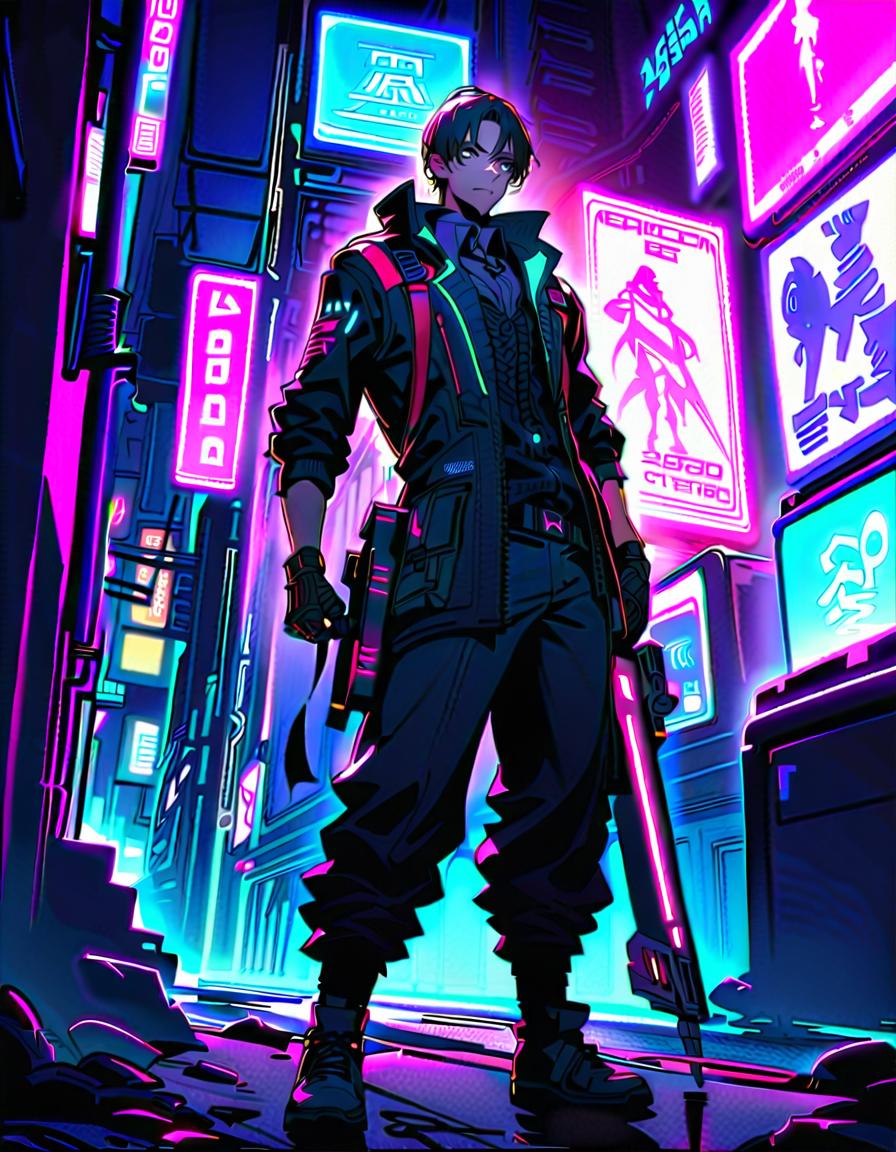  young, handsome, well dressed male, holding a weapon, standing confidently, determined, break cyberpunk city life, neon lit street corner, graffiti covered walls, futuristic vehicles, holographic signs, weapons, break vibrant and chaotic, neon lights, dynamic motion lines,