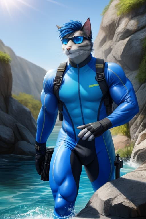  Cat anthro, Male, Big muscles, Royal Blue fur, Royal Blue hair, neon Blue eyes, Skintight neoprene suit, water, tactical gear, diving gear, rifle, open eyes, digital art, masterpiece, 4k, fine details,