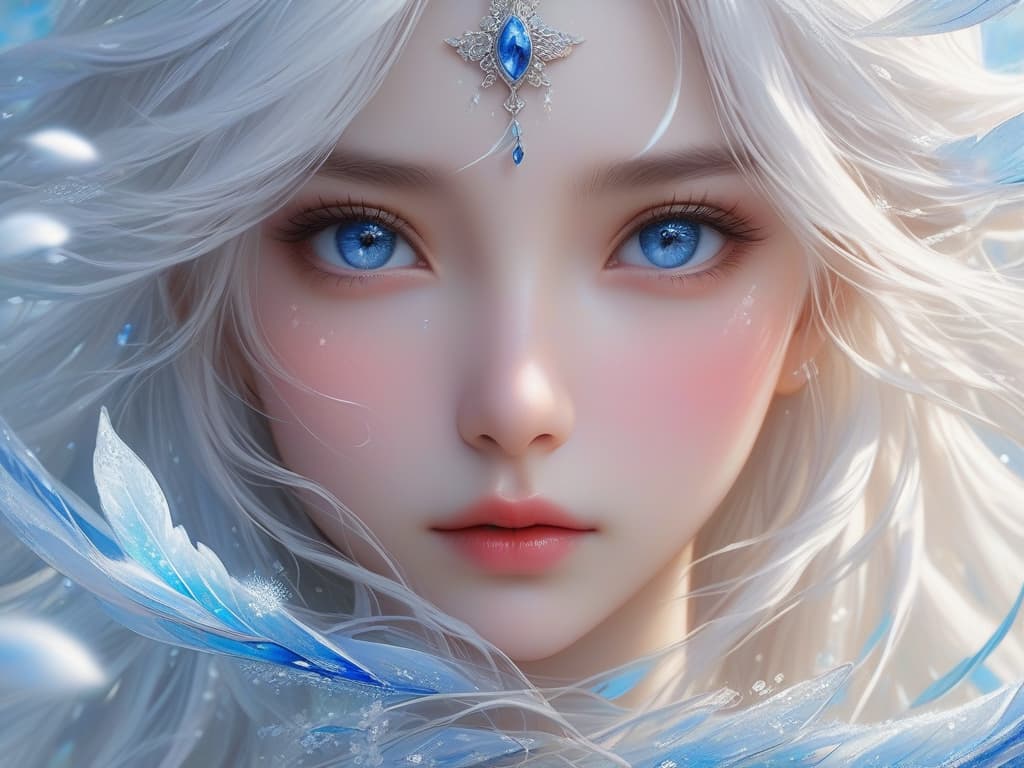  ethereal fantasy concept art of masterpiece,best quality,official art,extremely detailed cg 8k wallpaper,(flying petals) (detailed ice),crystals texture skin,1girl,cold expression,white hair,long hair,messy hair,blue eye,looking at viewer,extremely delicate and beautiful,water,((beauty detailed eye)),highly detailed,cinematic lighting,((beautiful face), fine water surface, (original figure painting), ultra detailed, incredibly detailed, (an extremely delicate and beautiful), beautiful detailed eyes, (best quality). magnificent, celestial, ethereal, painterly, epic, majestic, magical, fantasy art, cover art, dreamy