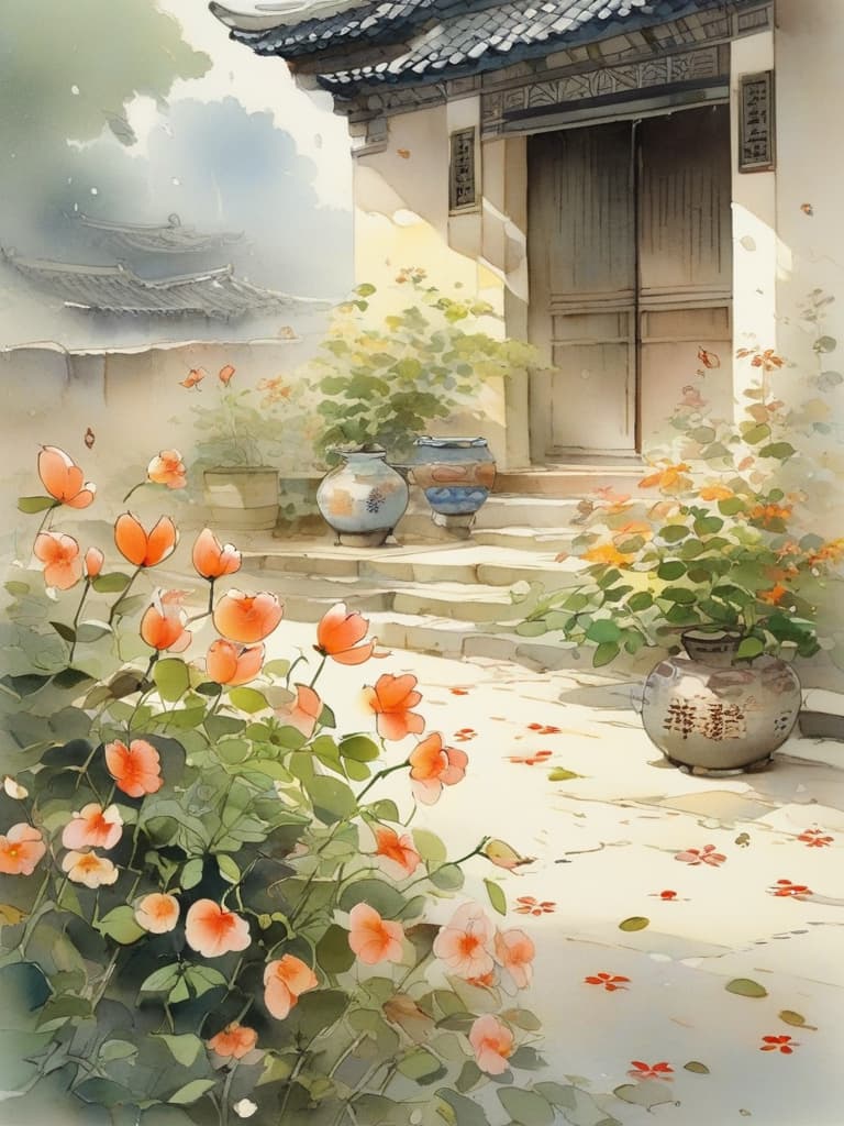  the ancient chinese gardeners returned to the early morning and the camera focused on the flowers. the petals are scattered on the ground, the breezes are light and the petals are softly turned. the lens was drawn so that it could be seen that the petals were scattered in the courtyard, implying traces of the wind and rain of the night。