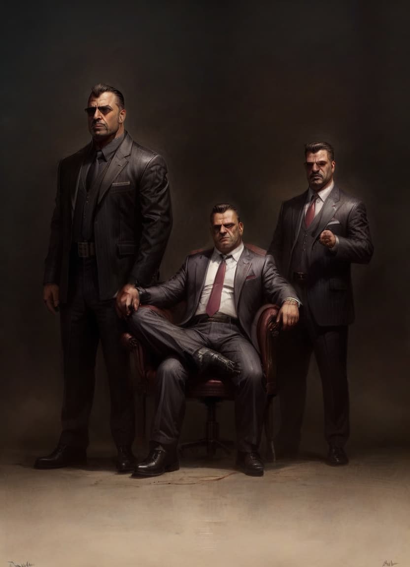  concept art mafia don, corrupt cop and bouncer . digital artwork, illustrative, painterly, matte painting, highly detailed, civitai, on parchment, oil painting