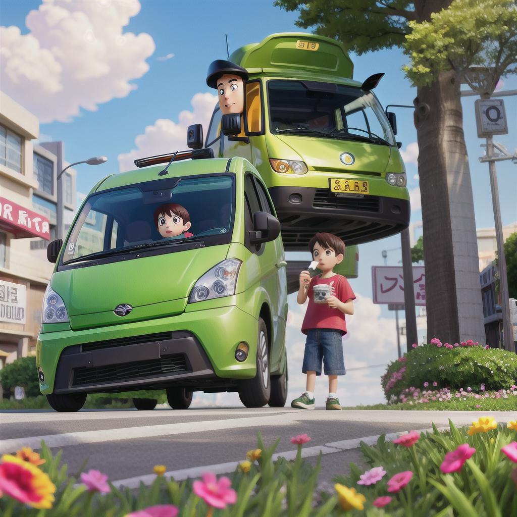  the guy in the green clothes by the car, drinking lean, anime artwork, anime style, key visual, vibrant, studio anime, highly detailed