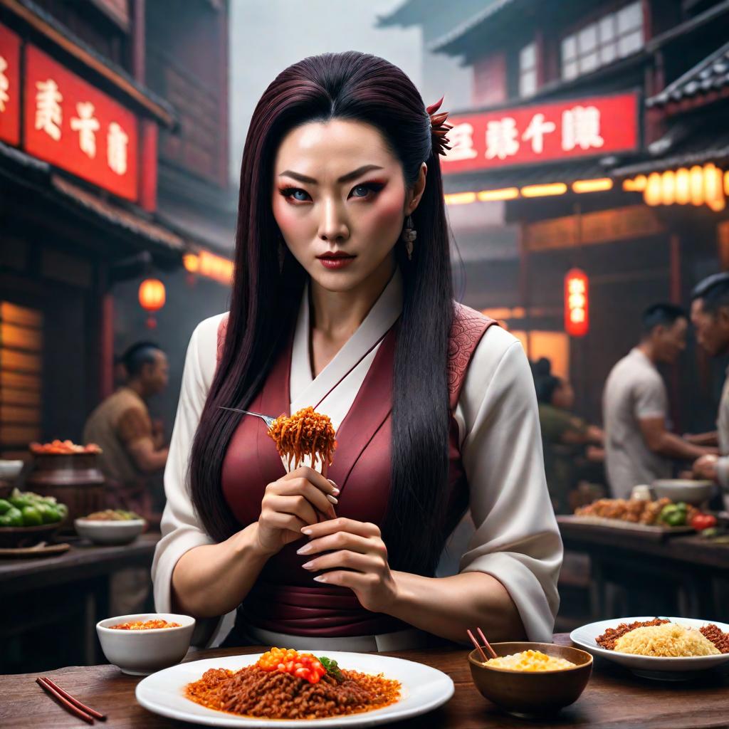  nezuko eats nasi lemak. hyperrealistic, full body, detailed clothing, highly detailed, cinematic lighting, stunningly beautiful, intricate, sharp focus, f/1. 8, 85mm, (centered image composition), (professionally color graded), ((bright soft diffused light)), volumetric fog, trending on instagram, trending on tumblr, HDR 4K, 8K